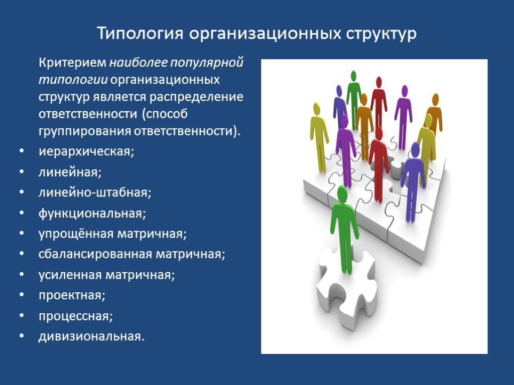 Типология организационных структур Критерием наиболее популярной типологии организационных структур является распределение ответственности (способ группирования